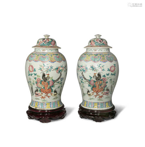 A PAIR OF CHINESE FAMILLE ROSE 'COCKERELS' BALUSTER VASES AND COVERS