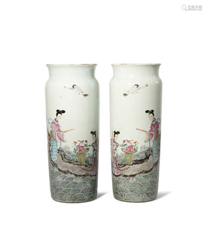 A PAIR OF CHINESE FAMILLE ROSE 'IMMORTALS' SLEEVE VASES