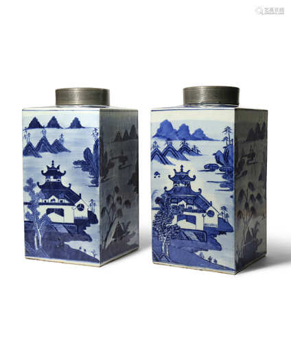 A NEAR PAIR OF CHINESE BLUE AND WHITE SQUARE-SECTION TEA CANISTERS