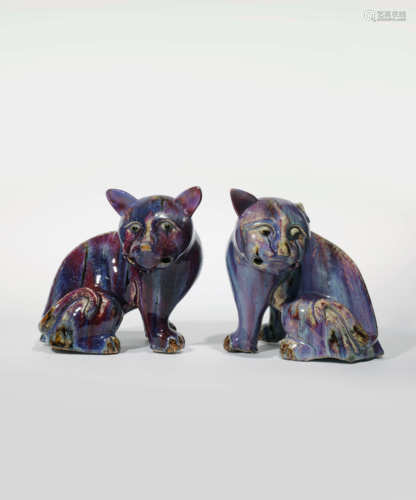 A PAIR OF CHINESE FLAMBE GLAZED MODELS OF CATS