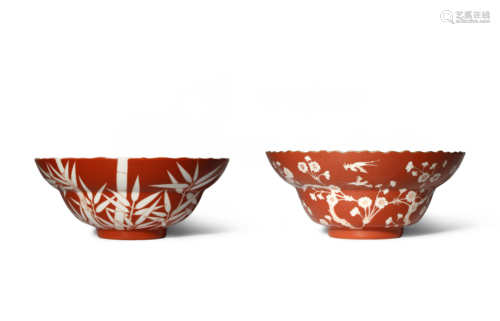 A CHINESE CORAL-GROUND 'BAMBOO' BOWL