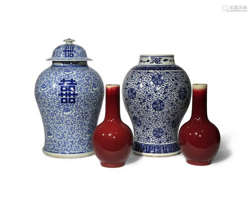 TWO CHINESE BLUE AND WHITE BALUSTER VASES AND A PAIR OF LANGYAO BOTTLE VASES