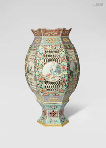 A CHINESE FAMILLE ROSE HEXAGONAL-SECTION LANTERN AND STAND