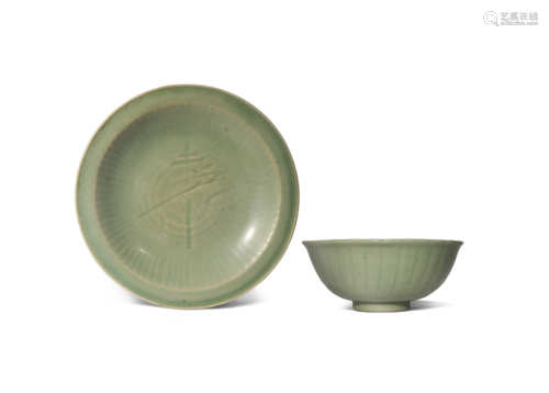 A CHINESE CELADON BOWL AND DISH