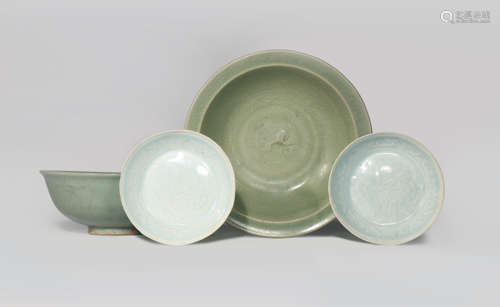 TWO CHINESE CELADON BOWLS AND A PAIR OF QINGBAI DISHES