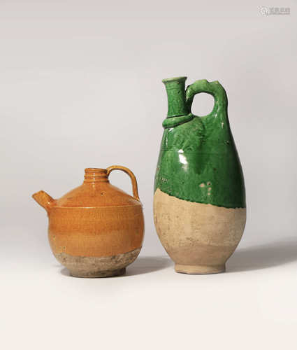 TWO CHINESE GLAZED POTTERY EWERS