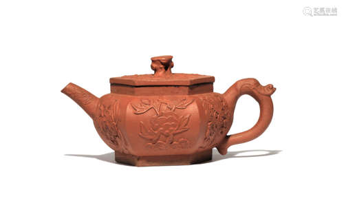 A CHINESE YIXING HEXAGONAL-SECTION TEAPOT AND COVER