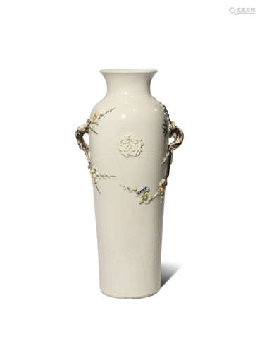 AN UNUSUAL CHINESE BLANC DE CHINE ENAMELLED 'PRUNUS' SLEEVE VASE