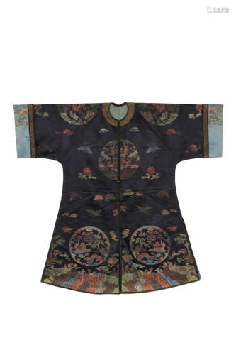 THREE CHINESE EMBROIDERED SILK ROBES AND A FAN