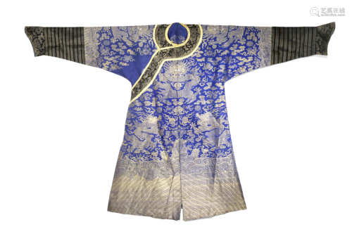 A CHINESE BLUE-GROUND EMBROIDERED SILK 'DRAGON' ROBE