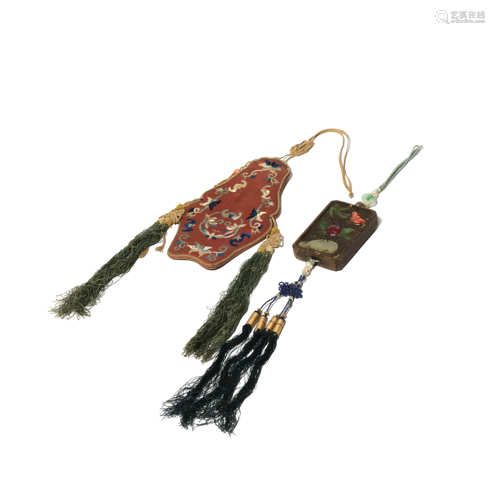 A CHINESE WOOD 'BATS AND PEACHES' PENDANT AND EMBROIDERED SILK POUCH