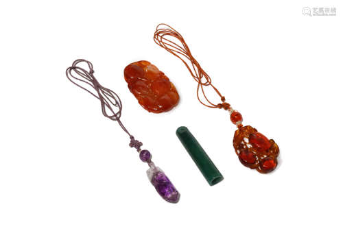 THREE CHINESE PENDANTS AND A GLASS HAT ORNAMENT