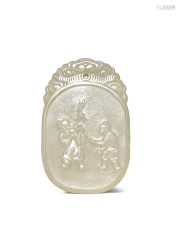 A CHINESE PALE CELADON JADE 'JI QING RU YI' OVAL PENDANT