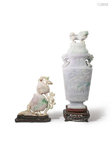 A CHINESE JADEITE BALUSTER VASE AND COVER AND A JADEITE 'BIRDS AND PEACHES' CARVING