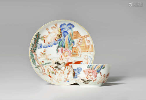 A RARE CHINESE FAMILLE ROSE MYTHOLOGICAL SUBJECT TEA BOWL AND SAUCER