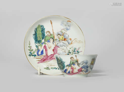 A CHINESE FAMILLE ROSE EROTIC SUBJECT TEA BOWL AND SAUCER