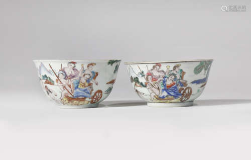 TWO CHINESE FAMILLE ROSE MYTHOLOGICAL SUBJECT TEA BOWLS