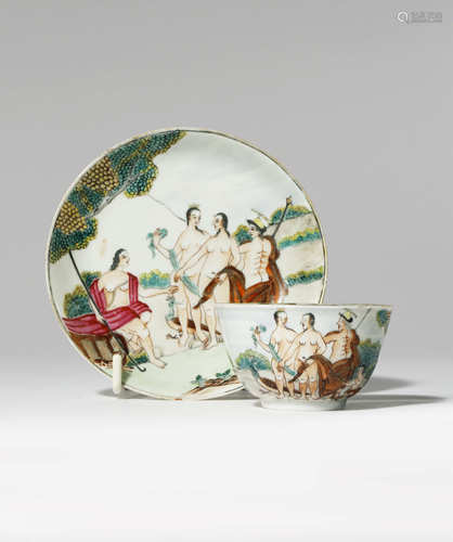 A CHINESE FAMILLE ROSE 'JUDGEMENT OF PARIS' TEA BOWL AND SAUCER