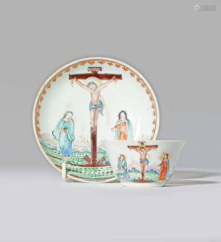 A CHINESE DUTCH-DECORATED 'CRUCIFIXION' TEA BOWL AND SAUCER