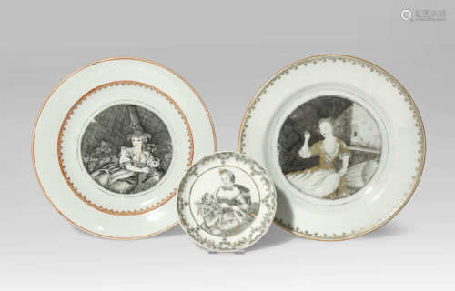 TWO CHINESE EN GRISAILLE PLATES AND A SAUCER