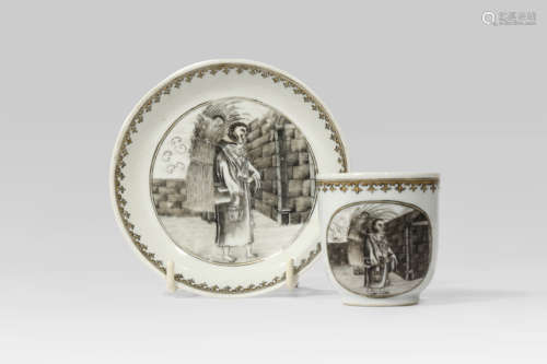 A CHINESE EN GRISAILLE 'PROVENDER FOR THE MONASTERY' COFFEE CUP AND SAUCER