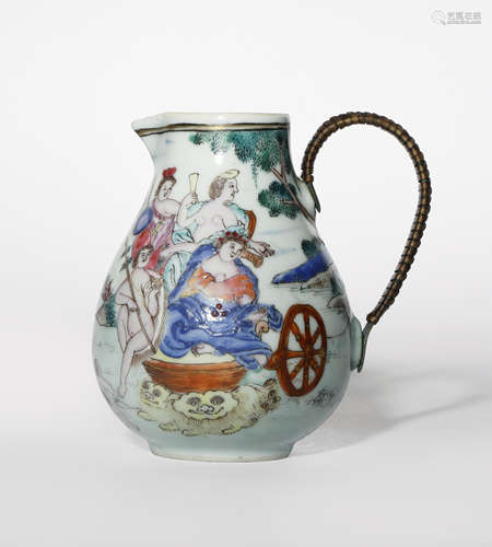 A SMALL CHINESE FAMILLE ROSE EUROPEAN SUBJECT JUG