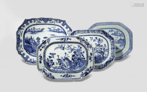 THREE CHINESE BLUE AND WHITE DISHES AND A TUREEN STAND