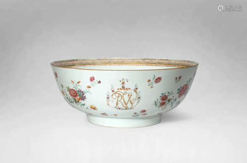 A LARGE CHINESE FAMILLE ROSE EUROPEAN EROTIC SUBJECT PUNCH BOWL