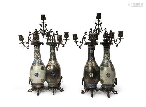 A PAIR OF CHINESE BRONZE-MOUNTED CLOISONNE CONJOINED VASES