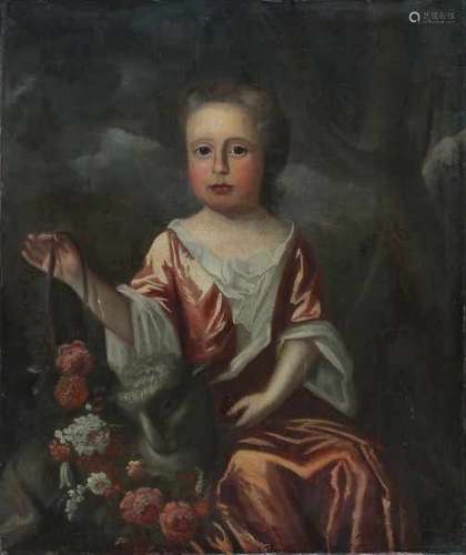 Dutch school 18th centuryPortrait of a girl with flowers and lamb. Not signed. Not framed.canvas