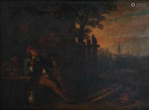 Follower of David Teniers IIThree men smoking by an inn. Signed lower right. Similar composition
