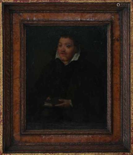 In the manner of Hans Holbein IIPortrait of a man with book and skull. Not signed.panel 20 x 15 cm.-