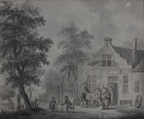 Attributed to Arie Lamme (1748-1801)Family with playing children by an inn. Annotations in pencil '