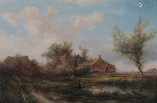 Pieter Lodewijk Kluyver (1816-1900)Landscape with a farm and figures by the waterside. Signed