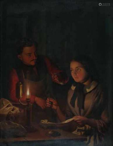 Petrus van Schendel (1806-1870)Interior with a couple by candlelight. Signed lower right.panel 38
