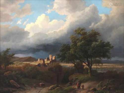 Circle of Barend Cornelis Koekkoek (1803-1862)River landscape with a ruin. Signed and dated 1864