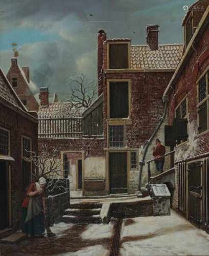 Carel Lodewijk Hansen (1765-1840)Woman sweeping a snow-covered courtyard. Signed upper left on the