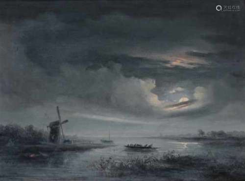 Ferdinand Hendrik Sypkens (1813-1860)River in the moonlight. Signed lower right.panel 29,5 x 40 cm.-
