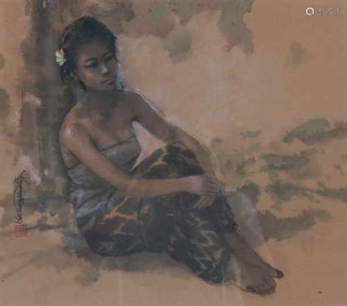 Huang Fong (1936-2004)Seated girl with a yellow flower in her hair. Signed and dated Bali '95 and