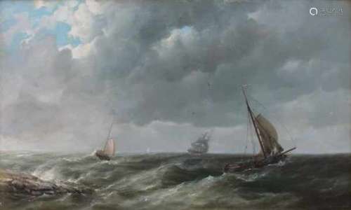 Rein Miedema (1835-1912)Fishing vessels on rough waters. Signed and dated 1884 lower right.canvas