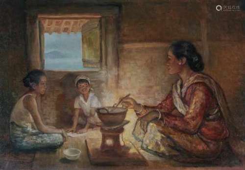 Menno van Meeteren Brouwer (1882-1974)'Rijstkoken' (cooking rice). Signed lower left.Board 67 x 96,5