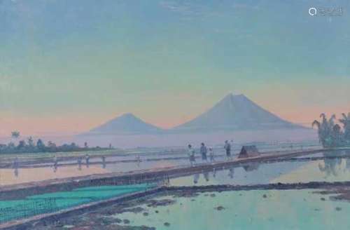 Leonardus Joseph Eland (1884-1952)Sawas nearby a vulcano. Signed lower left.canvas 58,5 x 88,5