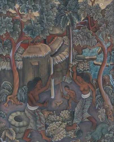 Indonesian School 20th centuryVillage life Bali. Not signed.Gouache 28 x 22,5 cm.- - -29.00 %