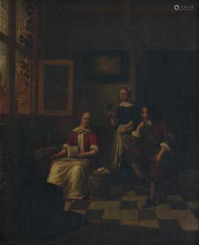 Attributed to Hendrick van der Burgh (1769-1858)Interior with a man, a servant girl with wineglass