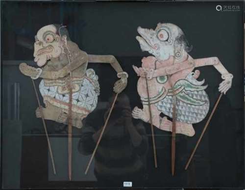 Two framed Wajang Kulit, Petruk and Gareng. Indonesia, 20th century.frame 70 x 90 cm.- - -29.00 %