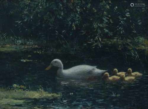 Constant Artz (1870-1951)Pond with duck and her ducklings. Signed lower right.panel 17 x 23