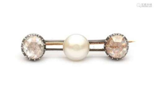 14 carat gold bar brooch set with a cultured bouton pearl and two rose cut diamonds with a