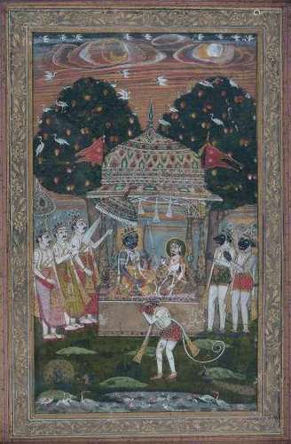 An Indian Ramayana miniature, depicting Rama and Sita beneath a bejewelled canopy, Hanuman