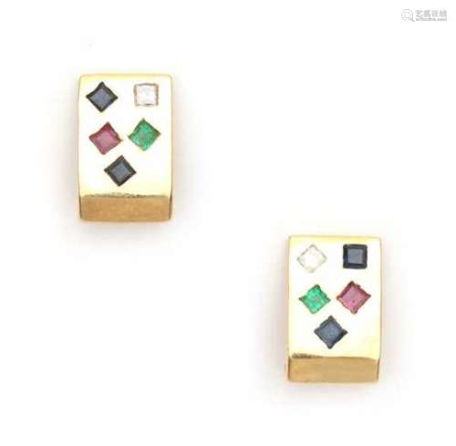 A pair of contemporary yellow gold earrings. Set with square cut diamonds, ca 0.30 ct, rubies,
