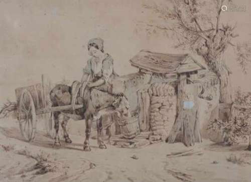 Dutch school 19th centuryGirl and donkey by a water well. Not signed.Sepia 21 x 29 cm.- - -29.00 %